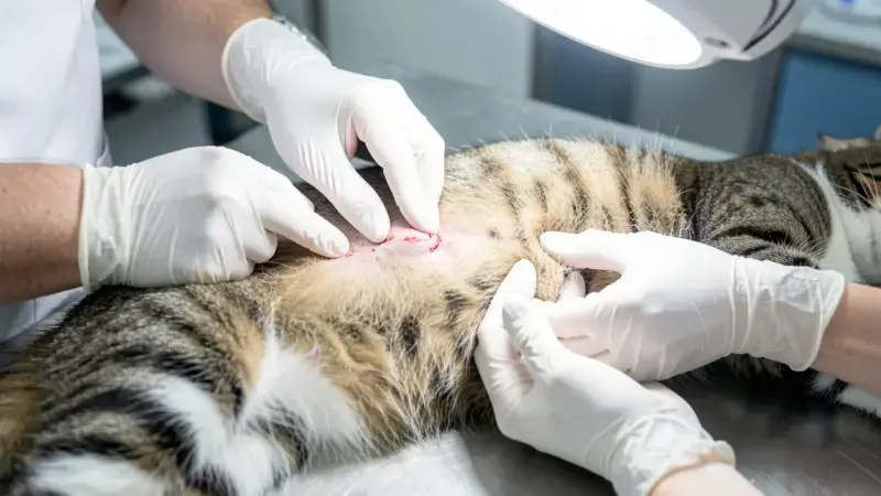 Veterinario examinando herida en el lomo de un gato - abscesos en gatos