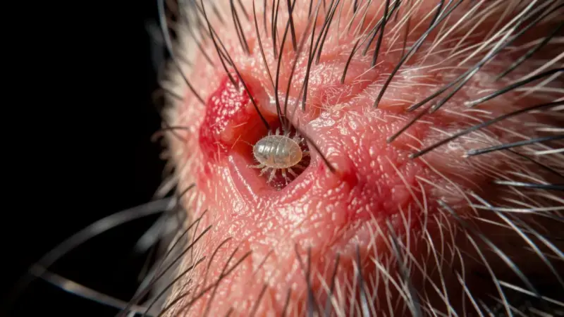 Micro imagen de ácaro Demodex en folículo piloso de perro con piel enrojecida - ácaros en perros diagnóstico