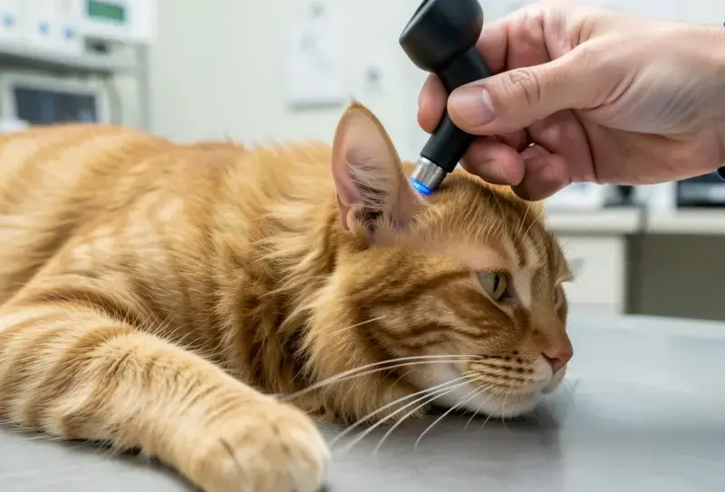 Gato en consulta veterinaria - salud felina y cuidados - acaros orejas gatos