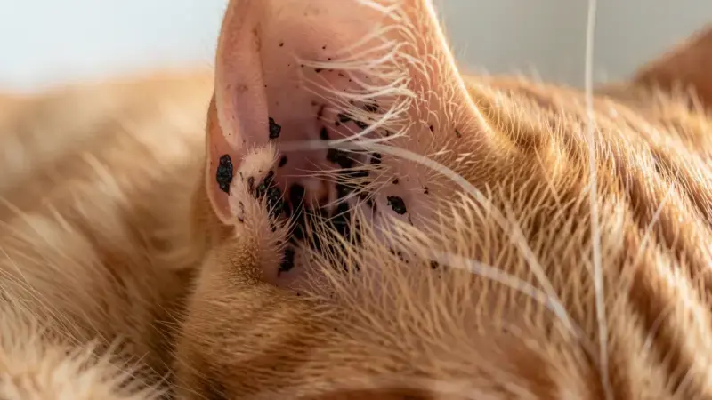 Oído de gato con exudado oscuro por ácaros - Otodectes cynotis diagnóstico visual