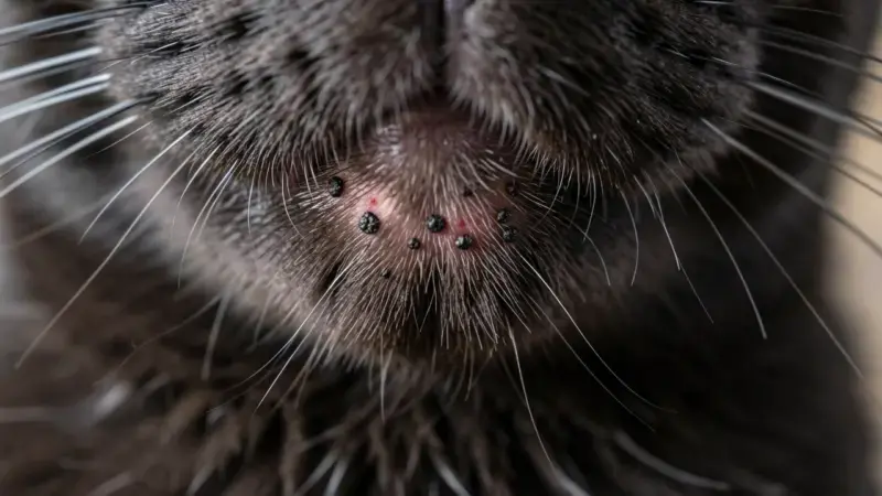 Barbilla de gato con comedones negros y enrojecimiento leve - acné en gatos