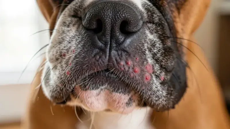 Hocico de Boxer joven con granos y pápulas rojas características del acné canino en barbilla