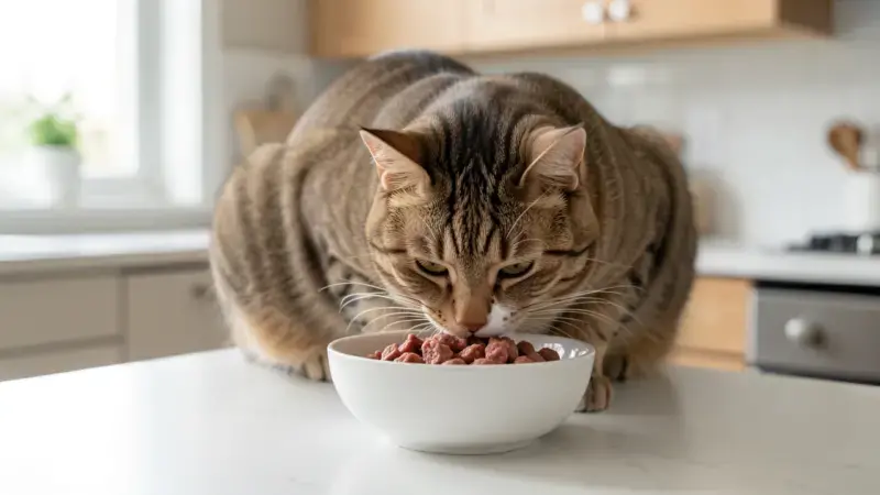 Gato comiendo dieta especial en plato de comida húmeda - alergia alimentaria en gatos dieta