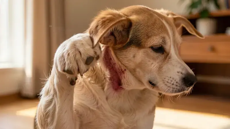 Perro rascándose el oído con piel irritada por alergia alimentaria - alergia alimentaria perros