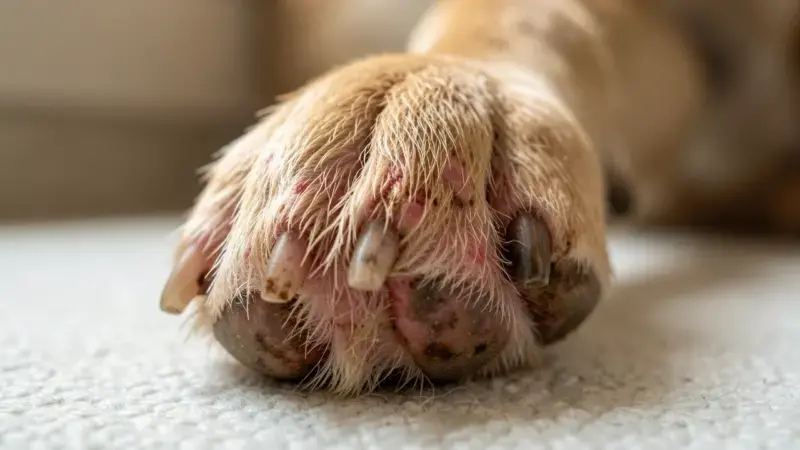 Pata de perro con piel interdigital enrojecida y manchas marrones por lamido crónico - alergias cutáneas en perros