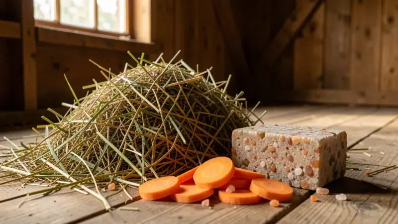 Heno, zanahorias y bloque de sal mineral en suelo de cuadra - alimentacion caballos
