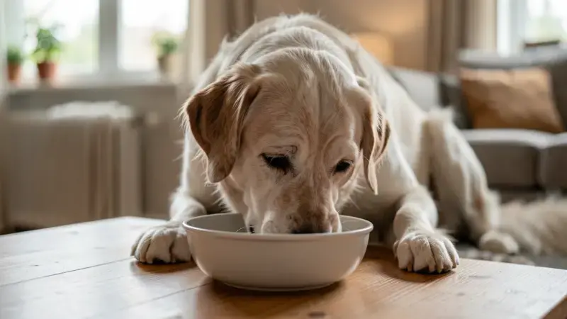 Perro mayor comiendo tranquilamente de su comedero en casa - alimentación perro senior