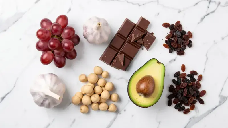 Alimentos tóxicos para perros: uvas, chocolate, ajo, aguacate y nueces sobre fondo blanco
