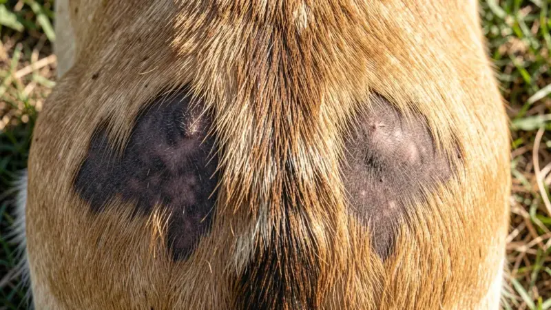 Perro con calvas simétricas en ambos flancos del lomo por alopecia hormonal - alopecia en perros causas