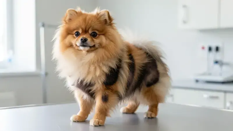Pomerania con alopecia X simétrica bilateral en flancos e hiperpigmentación de piel - alopecia x en perros