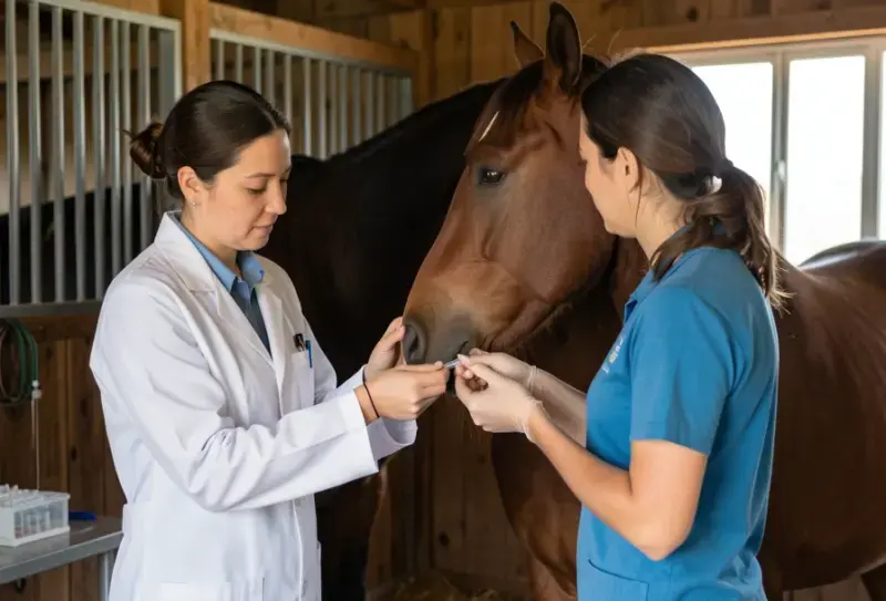 Veterinarian drawing blood sample from horse's neck stable - anemia infecciosa equina