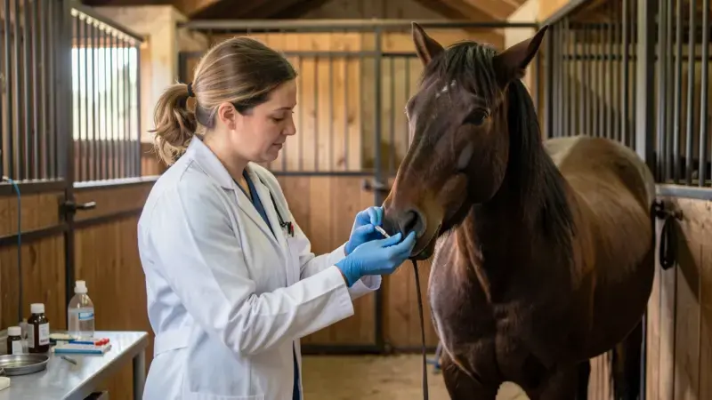 Veterinario extrayendo muestra de sangre a un caballo en el establo - anemia infecciosa equina test