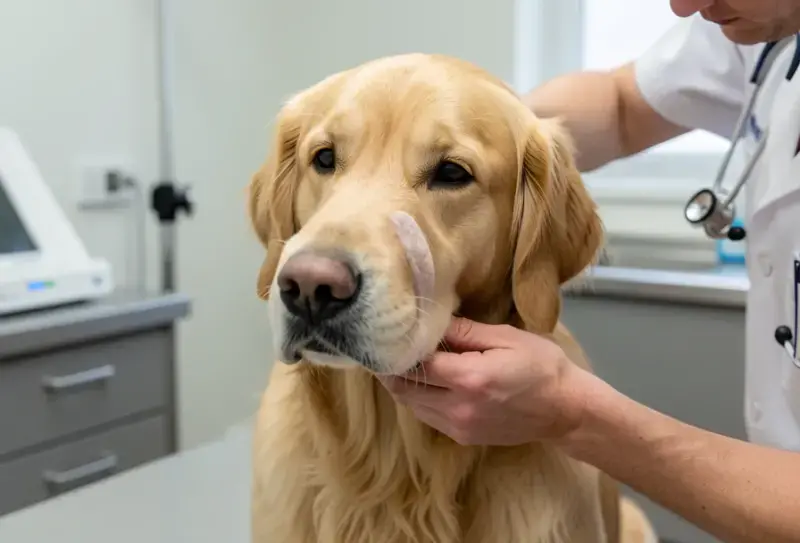 Perro en consulta veterinaria - salud canina y cuidados - angioedema en perros