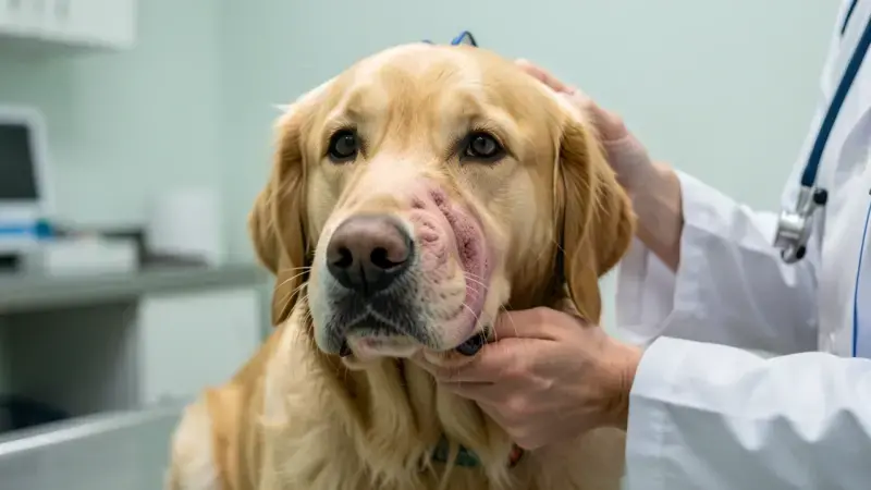Perro con hocico hinchado por reacción alérgica siendo examinado - angioedema en perros síntomas