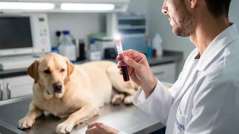 Muestra de sangre en clínica veterinaria con perro al fondo - anemia en perros diagnóstico hemograma