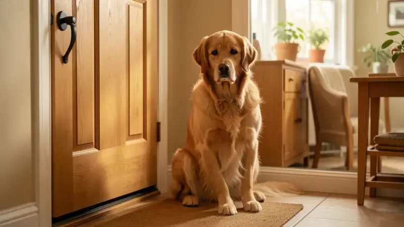 Perro solo en casa junto a la puerta esperando al dueño - ansiedad por separación en perros