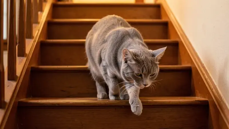 Gato anciano bajando escaleras de madera con movimiento rígido - artrosis en gatos
