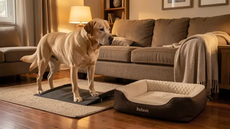 Labrador mayor usando rampa de acceso al sofá con cama ortopédica en el suelo - artrosis en perros adaptaciones del hogar