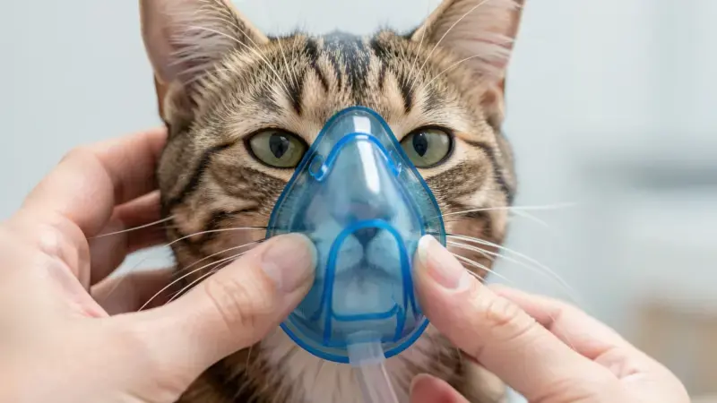 Gato recibiendo tratamiento con camara espaciadora inhaladora - asma en gatos