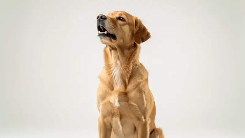 Perro con cuello extendido y dificultad respiratoria, postura característica del asma canina
