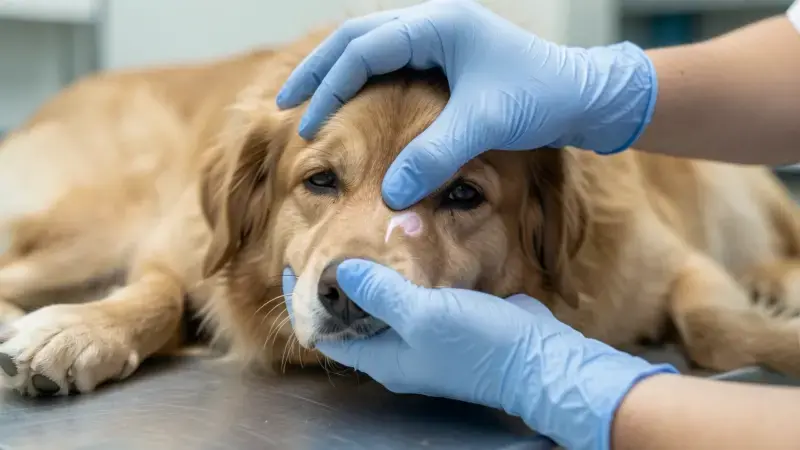 Veterinario revisando encías pálidas de perro con babesiosis en mesa de exploración - anemia hemolítica canina