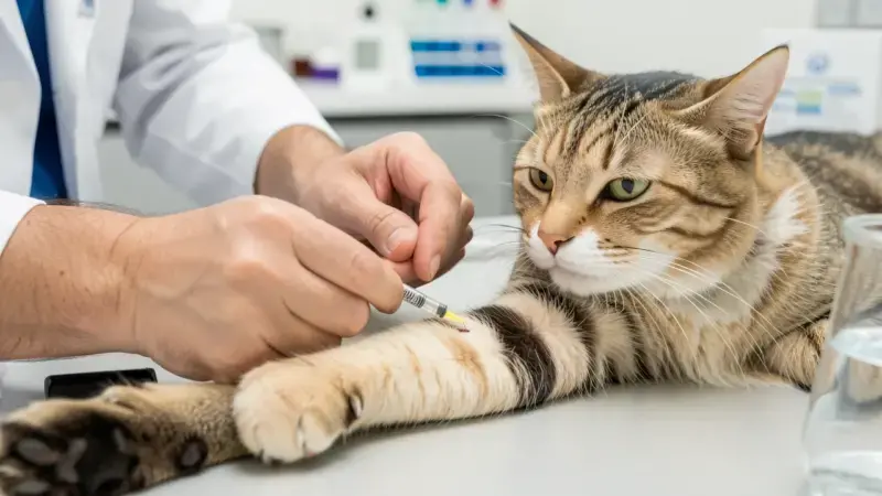 Veterinario tomando muestra de sangre a un gato para análisis - bartonella en gatos diagnóstico
