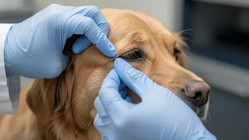 Veterinario examinando párpado inflamado de un perro - blefaritis en perros diagnóstico