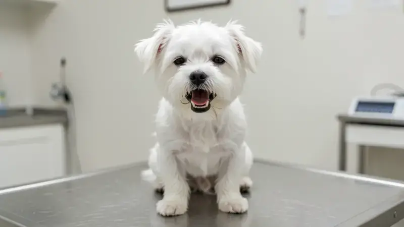 West Highland Terrier con tos en mesa de exploración veterinaria - bronquitis crónica en perros