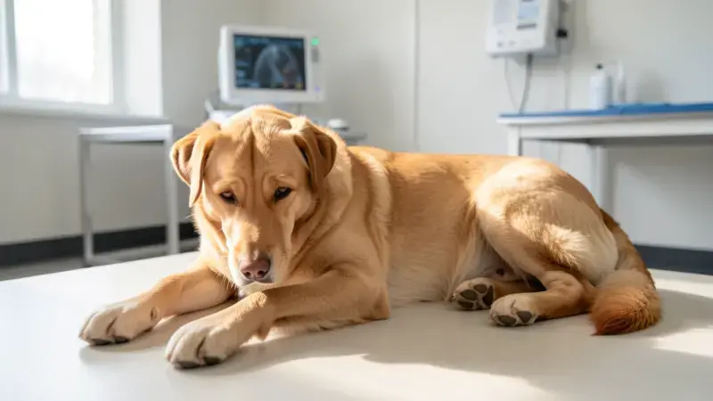 Perro en reposo durante revisión veterinaria de la piel - calcinosis cutis en perros