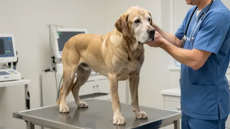 Veterinario examinando a un perro senior en consulta - cáncer de próstata en perros diagnóstico