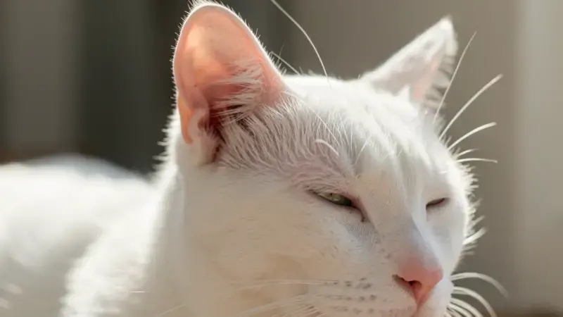 Gato blanco con orejas expuestas al sol en primer plano - carcinoma de células escamosas en gatos riesgo