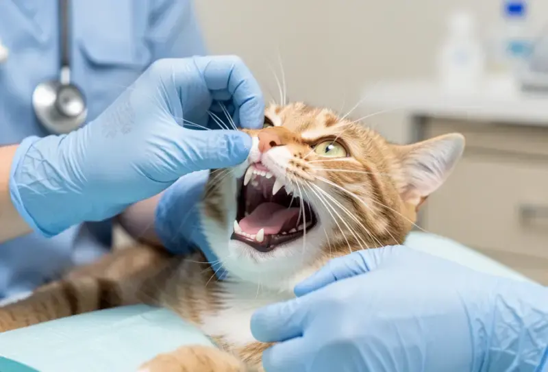 Gato en consulta veterinaria - salud felina y cuidados - caries en gatos