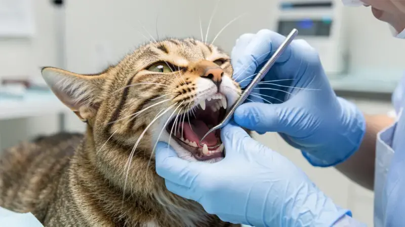Veterinario examinando la dentadura de un gato en consulta - caries en gatos diagnóstico dental