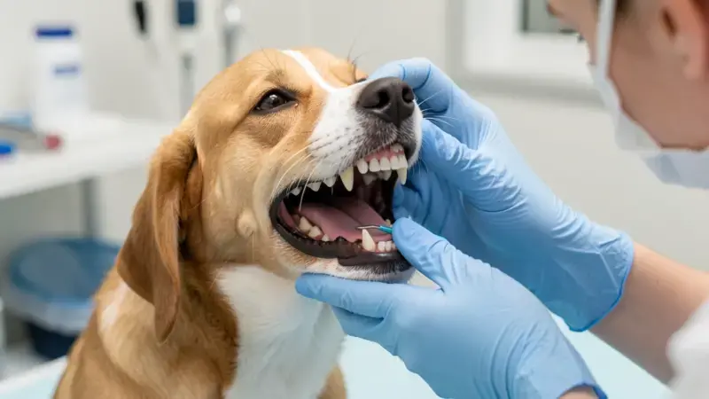 Veterinario examinando la dentadura de un perro en consulta - caries en perros diagnóstico dental