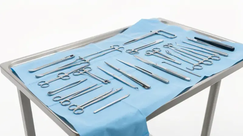 Mesa quirurgica veterinaria con instrumental esteril para castracion de gatos