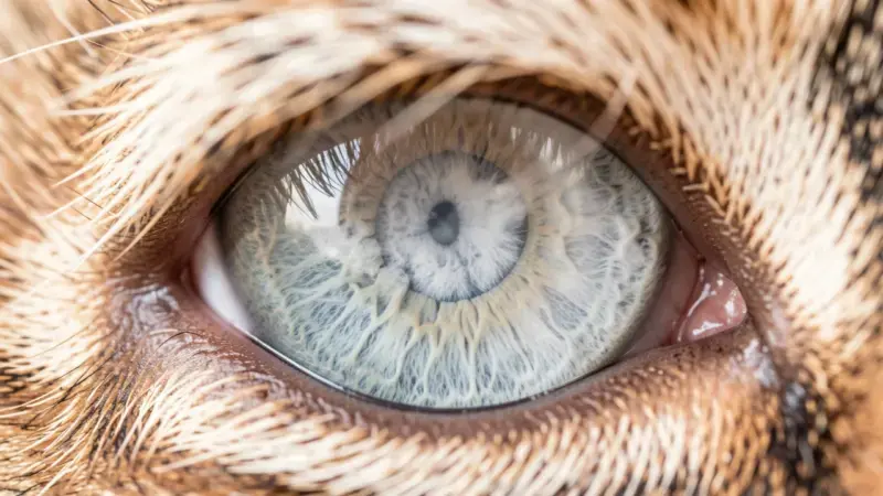 Ojo de gato con cristalino opaco blanquecino de catarata madura felina