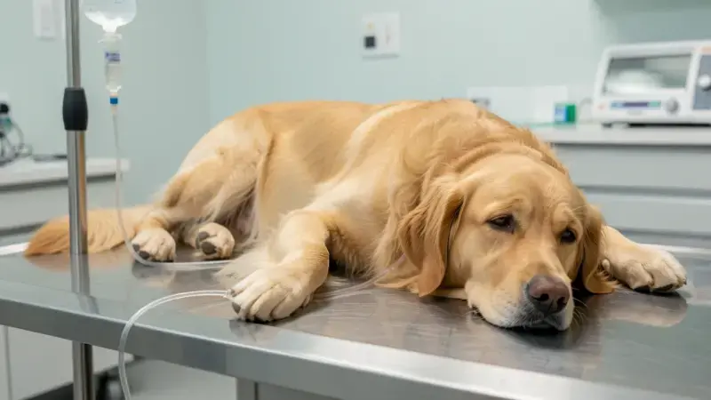 Perro con suero intravenoso en clínica veterinaria - tratamiento cetoacidosis diabética perros