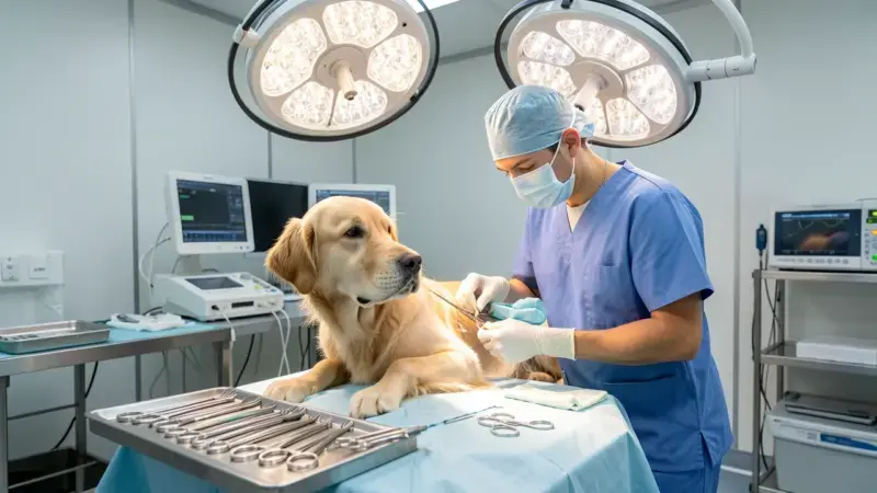 Cirujano veterinario operando a un perro en quirófano con instrumental quirúrgico estéril