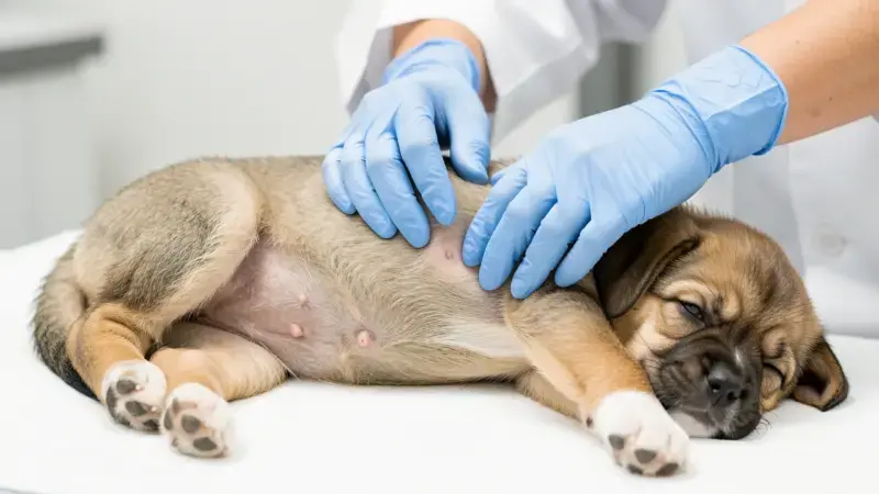 Veterinario palpando hernia umbilical en cachorro durante exploración física en consulta