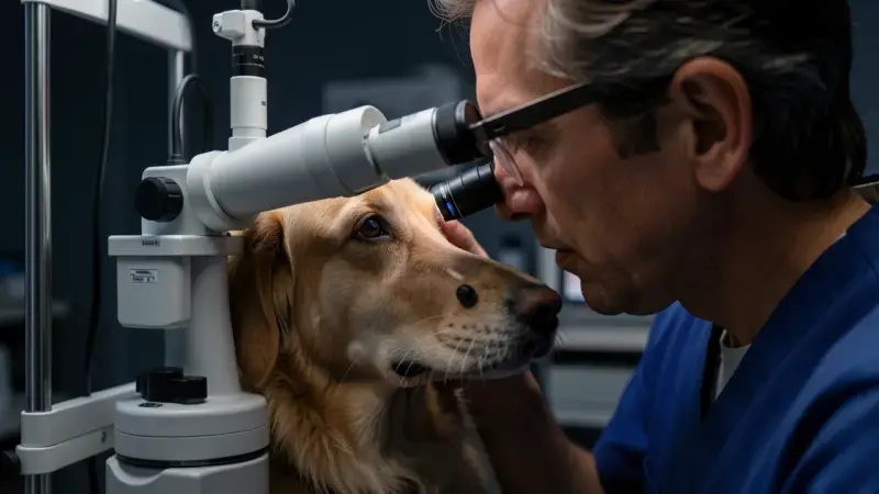 Oftalmólogo veterinario examinando el ojo de un perro con lámpara de hendidura en consulta