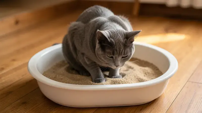 Gato gris en postura tensa dentro de arenero blanco - cistitis en gatos sintomas