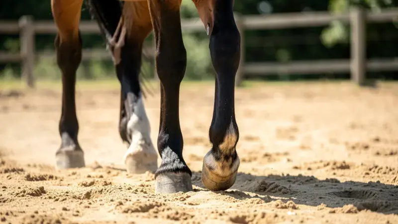 Patas de un caballo caminando sobre arena durante valoración de la marcha - cojera en caballos