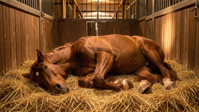 Caballo marrón tumbado en paja mostrando signos de cólico equino - cólico en caballos síntomas