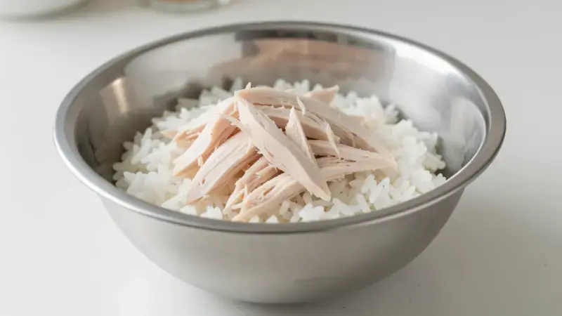 Bol de arroz blanco hervido con pechuga de pollo desmenuzada - dieta blanda para colitis en perros