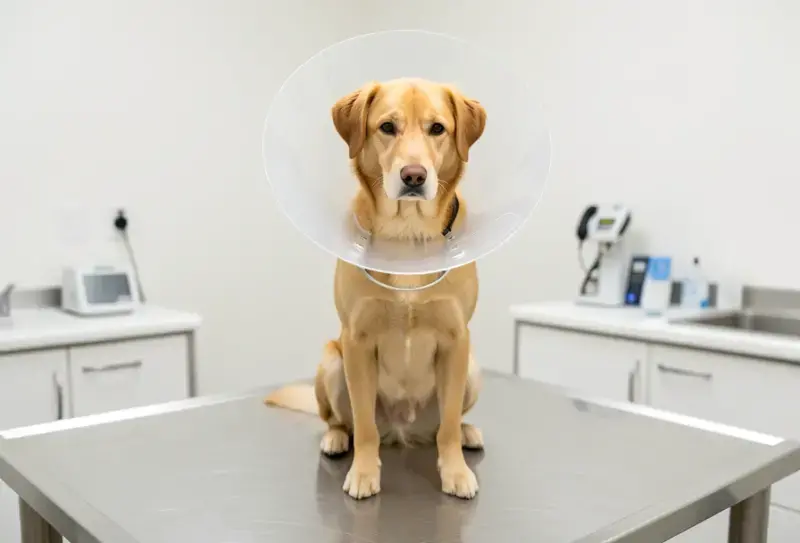 Perro en consulta veterinaria - salud canina y cuidados - collar isabelino perros