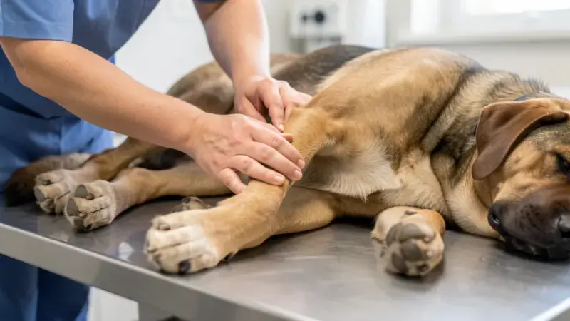 Exploración articular rodilla perro raza grande en veterinario - condroprotector para perros artrosis