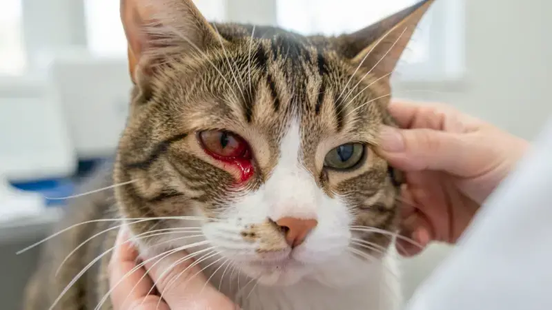 gato con conjuntivitis y ojo enrojecido siendo examinado por veterinario