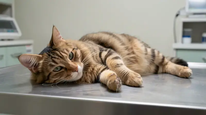 Gato tumbado de lado en mesa veterinaria en recuperación postictal - convulsiones en gatos
