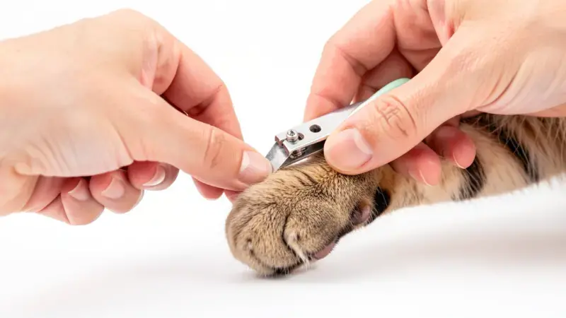 Manos cortando la uña de la pata de un gato con cortauñas para mascotas - corte de unas para gatos