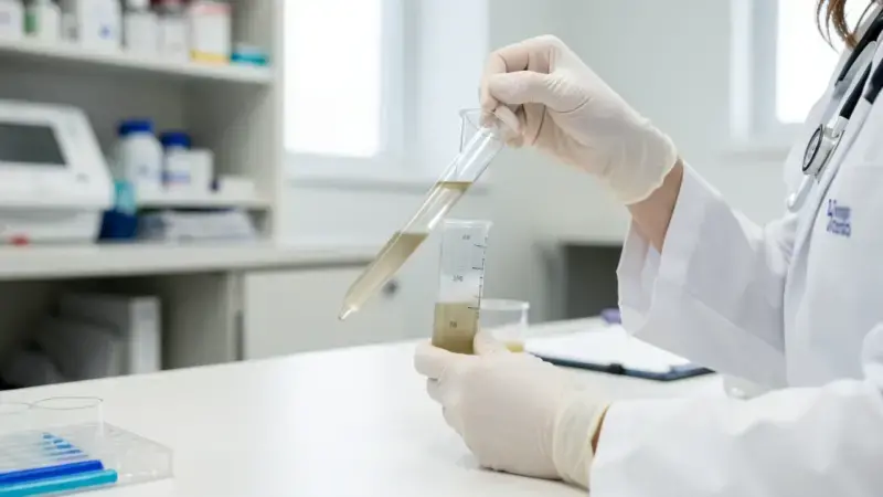 Veterinario analizando muestra de orina de perro en laboratorio - cristales de estruvita en perros diagnóstico